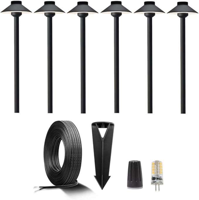 Gardenreet Brass Low Voltage Black Path Lighting Kit (6 Pack Path Lights) with 100 Feet Cable and 30Pack Wire Connectors for Outdoor Pathway House Garden Patio Without Transformer