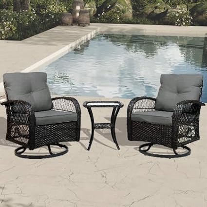 Patio Furniture Set Swivel Rocker, Outdoor Patio Chairs, 3 Piece Suit Porch Furniture Rocking Set, Backyard and Garden Rocker Rattan Chair, with Thickened Cushions and Glass Coffee Table(Grey)