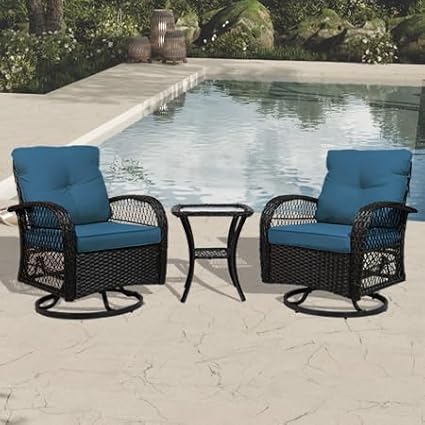 Patio Furniture Set Swivel Rocker, Outdoor Patio Chairs, 3 Piece Suit Porch Furniture Rocking Set, Backyard and Garden Rocker Rattan Chair, with Thickened Cushions and Glass Coffee Table(Navy)