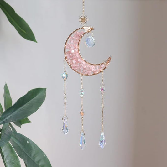 Moon Suncatcher Hanging Decor, Boho Chic Rose Quartz Crystal Sun Catcher, Spritual Sun Light Catcher for Windows, Crescent Moon Housewarming Gift (Rose Quartz)