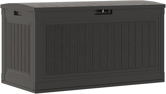 Suncast 80-Gal. Waterproof Resin Large Outdoor Patio Deck Box with Pad-Lockable Lid, Modern Outdoor Patio Bench/Storage Box for Cushions, Garden Tools, and More, Iron Ore