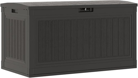 Suncast 80-Gal. Waterproof Resin Large Outdoor Patio Deck Box with Pad-Lockable Lid, Modern Outdoor Patio Bench/Storage Box for Cushions, Garden Tools, and More, Iron Ore