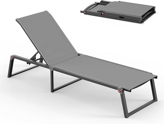 Aluminum Chaise Lounge Chair Outdoor, Foldable & Assembly Free Patio Pool Lounge Chairs 5-Position Recliner for Outside Poolside, Fully Grounded Legs Sun Lounger for Beach, Yard, Dark Gray