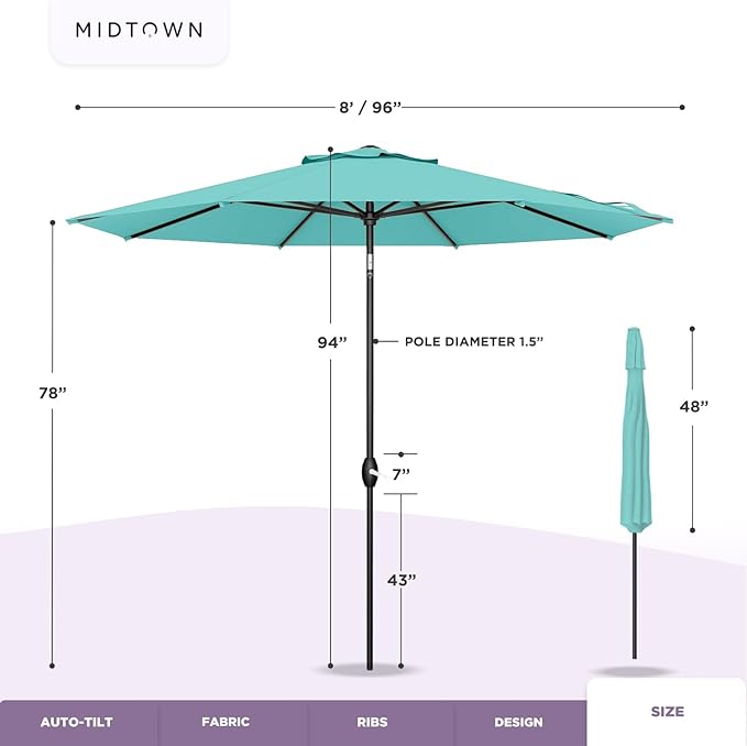 Midtown Umbrellas Sunbrella Umbrella 8 Feet Outdoor Umbrella With Sunbrella Aruba Acrylic Fabric - Auto-Tilt Aluminum Frame Patio Umbrella For Backyard, Deck, Garden, Pool - Black Pole