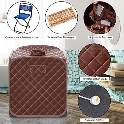 Giantex Portable Steam Sauna Spa 2L Folding Private Sauna Tent W/Chair Foot, Massage Roller, Absorbent Pad,9 Adjustable Temperature Levels for Stress Fatigue 33 x 33x 42 Inch (Coffee)