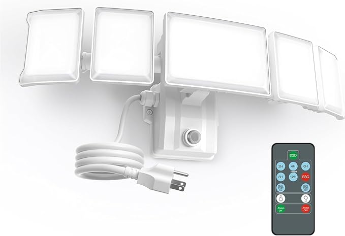 Olafus 120W Plug in Flood Lights Dusk to Dawn LED Outdoor Light with Remote, 5 Adjustable Heads IP65 Waterproof LED Security Light with Photocell for Yard Garden Porch White