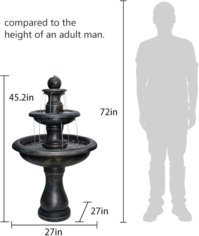 SunJet 45.2" High 3-Tiers Modern Concrete Outdoor Water Fountain - Round Large Outdoor Fountains and Waterfalls for Garden, Patio, Yard, and Deck Decor, Featuring Natural Stone Look (Black, 45.2inch)