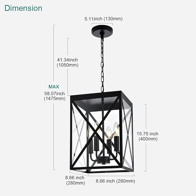 Black Outdoor Pendant Light 4 Lights Outside Pendant Hanging Light Fixture Ceiling Mount with Clear Glass Industrial Hanging Chandelier Latern for Porch,Entryway,Doorway,Farmhouse