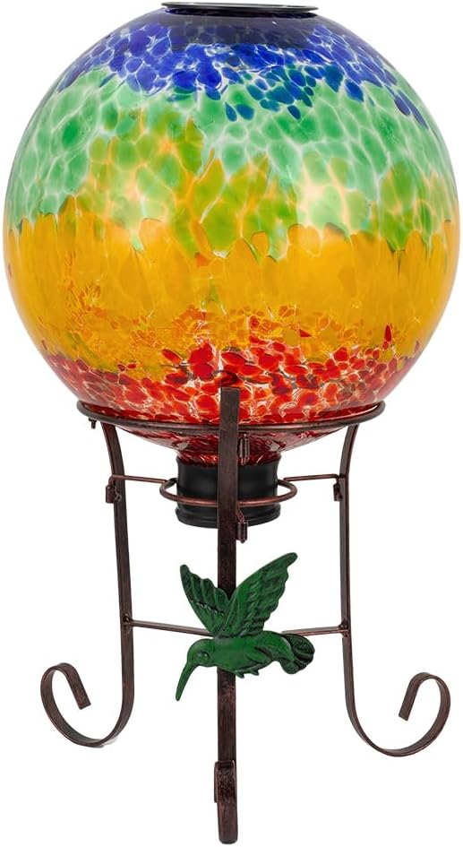 Stargarden Solar Powered Gazing Ball, 10 Inch Glass Gazing Globe, Decorative Gazing Balls with Metal Ball Stand, Colorful Solar Globes for Patio, Lawn, Garden Decor