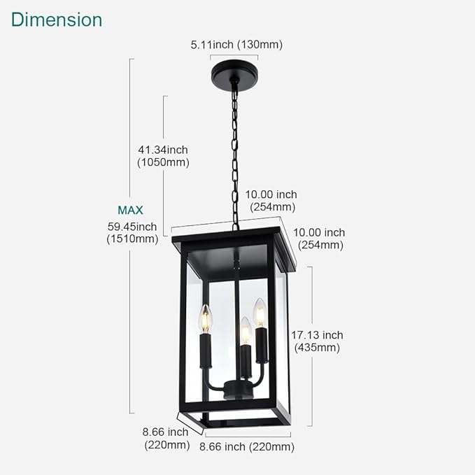 3 Lights Indoor Pendant Light Black Outdoor Chandelier Exterior Hanging Fixture Ceiling Mount with Clear Glass Shade Hanging Lantern Light Adjustable Pendant Light for Outdoor Hallway