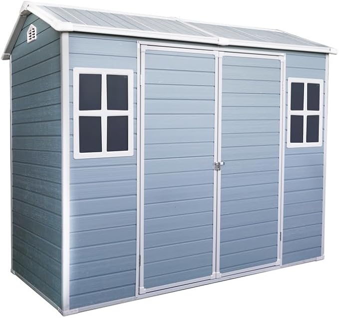 8x4 FT Resin Outdoor Storage Shed with Floor and 2 Windows, Outside Plastic Sheds Storage Clearance w/Lockable Door, Backyard Garden Tool House for Patio, Yard, Lawn, Bike, Gray