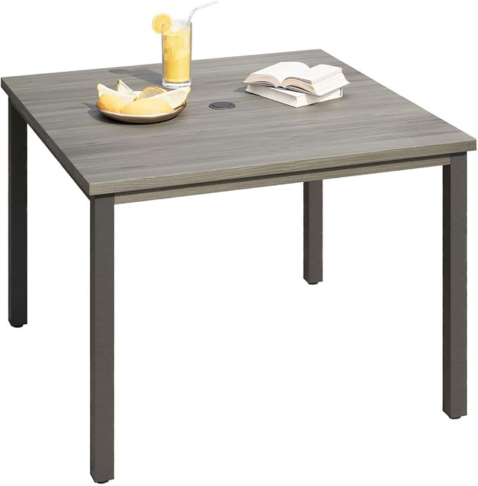DIFY 40.2" Square Patio Dining Table for 4, Outdoor Metal Dining Table with 1.57" Umbrella Hole for Backyard Lawn Garden, Grey Wood-Like
