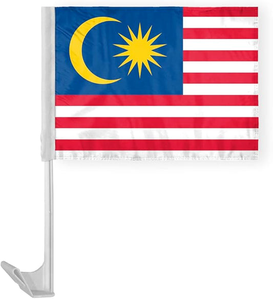 AGAS Malaysia Car Flag 12x16 inch Polyester Fabric Double Stitched 17 Inch White Plastic Flexible Pole High Visibility Malaysian National Car Flag