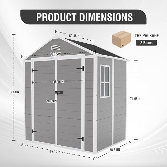 6x5 FT Outdoor Resin Storage Shed with Floor and Window, Outside Waterproof Plastic Garden Sheds w/Lockable Door & Vents, All-Weather Tool House for Patio, Backyard, Lawn, Grey