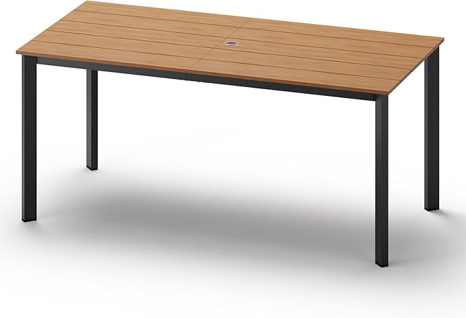 Outdoor Patio Dining Table, Aluminum & HDPE Outdoor Table with Umbrella Hole, All-Weather for Deck, Garden, Lawn, Backyard, Poolside and Indoor Use (Gray & Teak)
