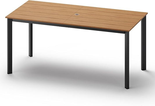 Outdoor Patio Dining Table, Aluminum & HDPE Outdoor Table with Umbrella Hole, All-Weather for Deck, Garden, Lawn, Backyard, Poolside and Indoor Use (Gray & Teak)