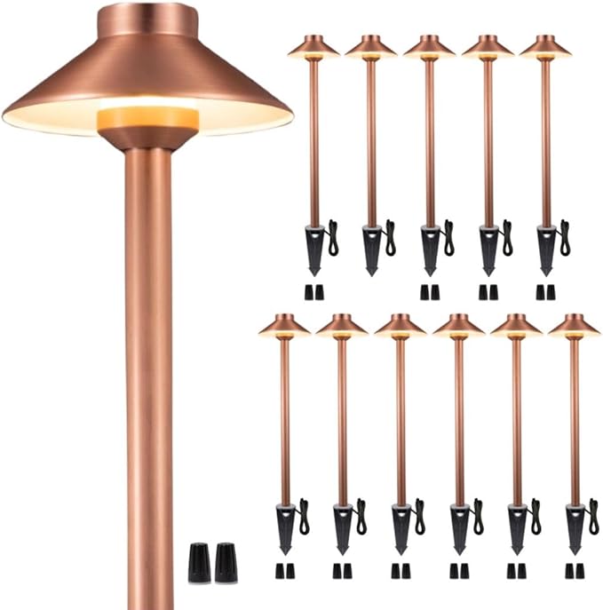 Gardenreet 12V Brass Outdoor Landscape Copper Pathway Lights(Hat) LED Low Voltage Landscape Lighting for Walkway Driveway Garden Yard Without G4 Bulb(12 Pack)