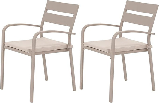 Soleil Jardin Outdoor Aluminum 2-Piece Patio Dining Chairs with Cushions, Stackable Bistro Chairs for Balcony, Garden, Backyard, Flaxen Finish & Beige Cushion