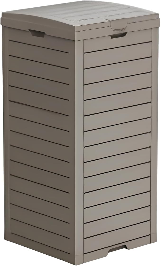 31 Gallon Double-Lid Outdoor Trash Can with Leak-Proof Slide Tray, Weatherproof Resin Waste Bin for Patio, Garden, Indoor and Backyard, Light Brown
