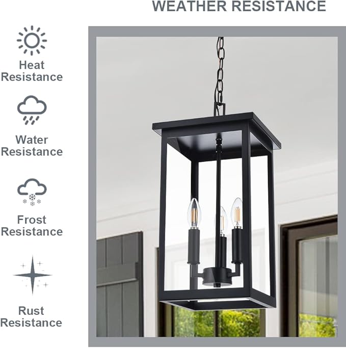 Black Outdoor Pendant Lanern, E12 Candle Chandelier 3-Lights Large Exterior Hanging Light Fixture with Clear Glass Height Adjustable for Indoor Entryway Porch