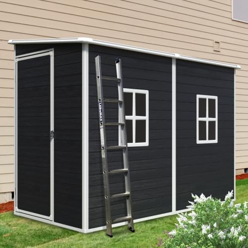 LANTRO JS Plastic Shed with Floor Included, Outdoor Plastic Shed, 4x8FT Storage Shed with Floor Included with Two Windows, Lockable Doors for Garden Tools