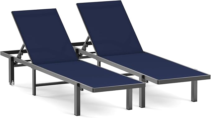 Patio Chaise Lounge Chair Set of 2, Outdoor Lounge Chairs with Wheels, 5-Position Adjustable Sun Loungers for Pool, Deck, Beach,Navy Blue