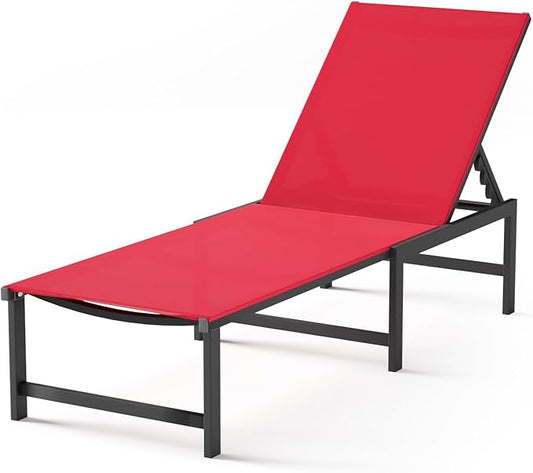 Chaise Lounge Chair Outdoor, Aluminum PatioChairs with 5 Adjustable Backrest and HeadrestPillows for Outside Beach，Red