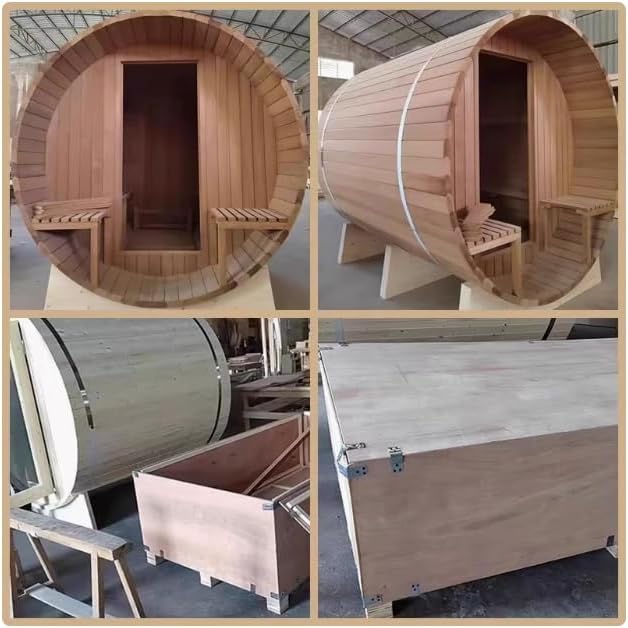 ZONEMEL Wooden Steam Sauna Room with Panoramic View, Canadian Red Cedar Traditional Outdoor Barrel Wood Burning Sauna with Porch, Wood-Fired Stove with Chimney Kit, Wood Shingles, 6-8 Person