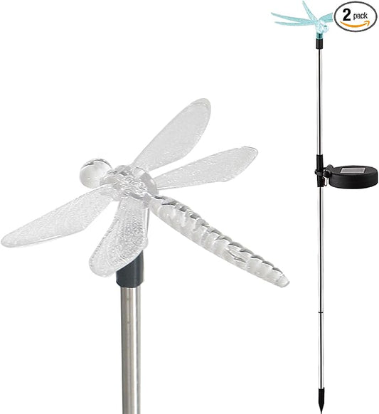 Outdoor Solar Powered LED Garden Light Landscape Lighting Waterproof Multicolor Color Changing Stake Light for Patio Yard Pathway Flowerbed Lawn Christmas Decorations Figurine Dragonfly Pack of 2