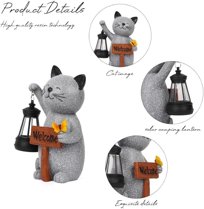 Cat Garden Statues with Solar Lantern, Outdoor Figurine Resin Sculpture Hanging Solar Power Lights for Decoration Yard Patio Balcony Lawn Ornament Art Decor, Unique Gift for Grandma Wowen Mom