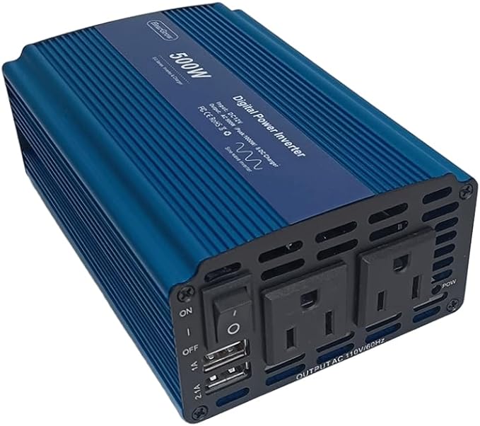 500W Pure Sine Wave Inverter Digital Power Inverter DC 12V to AC 110V, Peak Power1000W, with 2.4A Dual USB+2AC Ports Car Charger Adapter and Cigarette Lighter Plug for RV, Vehicles