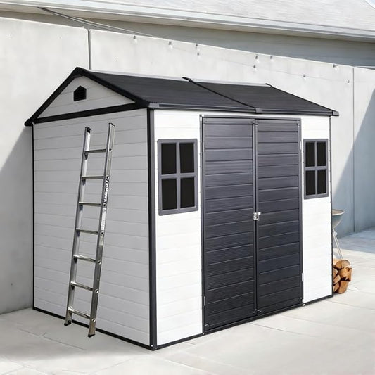 8x6 FT Resin Outdoor Storage Shed with Floor and 2 Windows, Outside Plastic Sheds Storage Clearance w/Lockable Door, Backyard Garden Tool House for Patio, Yard, Lawn, Bike, Grey White