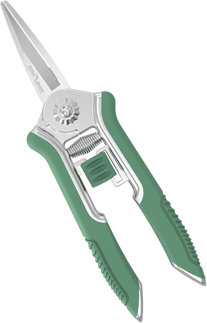 FLORA GUARD 6.5-Inch Floral Scissors, Zinc Alloy with Rubber Handle, Toothed Blade for Quick Cutting, Suitable for Flower Placement, Plant Pruning, Rose or Fruit Picking (Green)