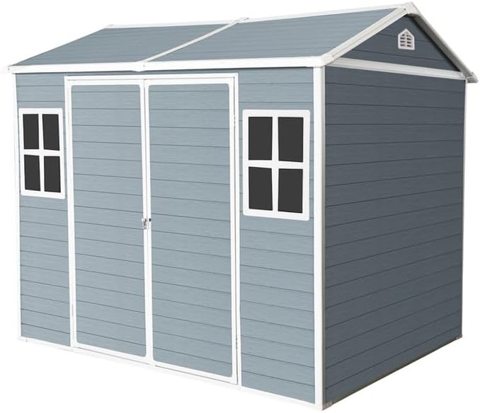 8x6 FT Resin Outdoor Storage Shed with Floor and 2 Windows, Outside Plastic Sheds Storage Clearance w/Lockable Door, Backyard Garden Tool House for Patio, Yard, Lawn, Bike, Gray
