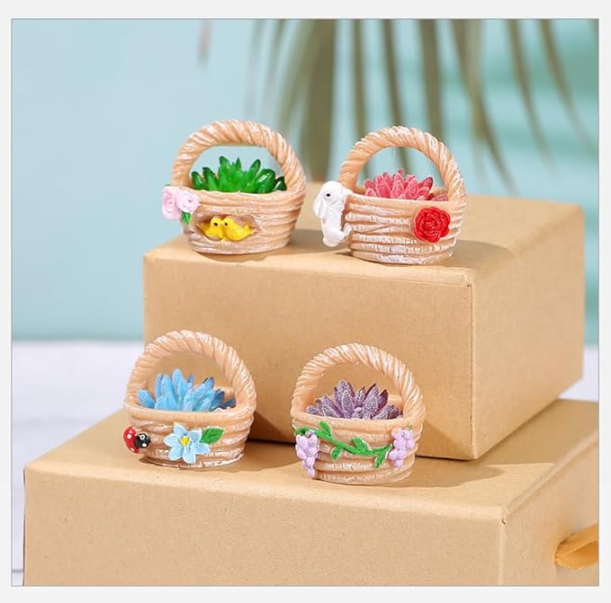 4 Pieces Mini Succulent Plant Resin Ornaments - Cute Car Dashboard Figurines Flower basket Set - Fairy Garden，Birthday Cakes Decoration，DIY Aquarium Moss Layout Desktop Landscape Accessories