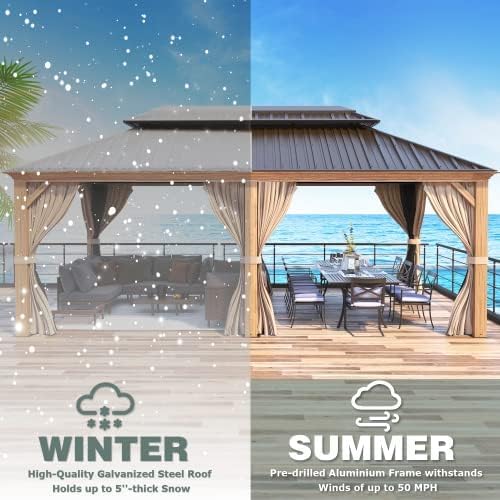 MELLCOM 12' x 20' Hardtop Gazebo, Wood Grain Aluminum Frame Outdoor Gazebo with Galvanized Steel Double Roof, Permanent Metal Pavilion with Curtains and Nettings for Patios, Gardens and Lawns