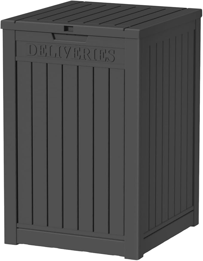 48-Gallon Lockable Outdoor Delivery Box, High-Density Resin Storage Chest with Wood Grain Finish, Weatherproof for Porch, Balcony, and Garage Storage, Black