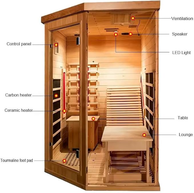 Corner Sauna 1 Person, Infrared Wooden Sauna, Luxurious Canadian Hemlock Home Saunas, 2300 W 8 Heating Element, Low EMF Full Size Indoor Spa(Right Recliner)