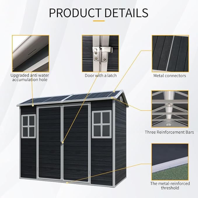 8x4 FT Resin Outdoor Storage Shed with Floor and 2 Windows, Outside Plastic Sheds Storage Clearance w/Lockable Door, Backyard Garden Tool House for Patio, Yard, Lawn, Bike, Black
