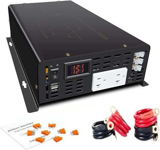 5000Watt Pure Sine Wave Power Inverter 12VDC to 120VAC 10KW Peak Built-in Soft Starter Dual AC Outlets 2× 2.4A USB Port &Hardwire Terminal Off-Grid Solar Converter RV Trucks (U5-500012)