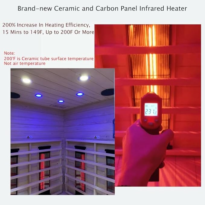 Ceramic Infrared Sauna 2-3 Person Infrared Saunas for Home Low EMF Indoor Home Sauna Spa Hemlock Wooden Corner Sauna Room with Bluetooth Speakers, LED Reading Lamps, Chromotherapy Lights