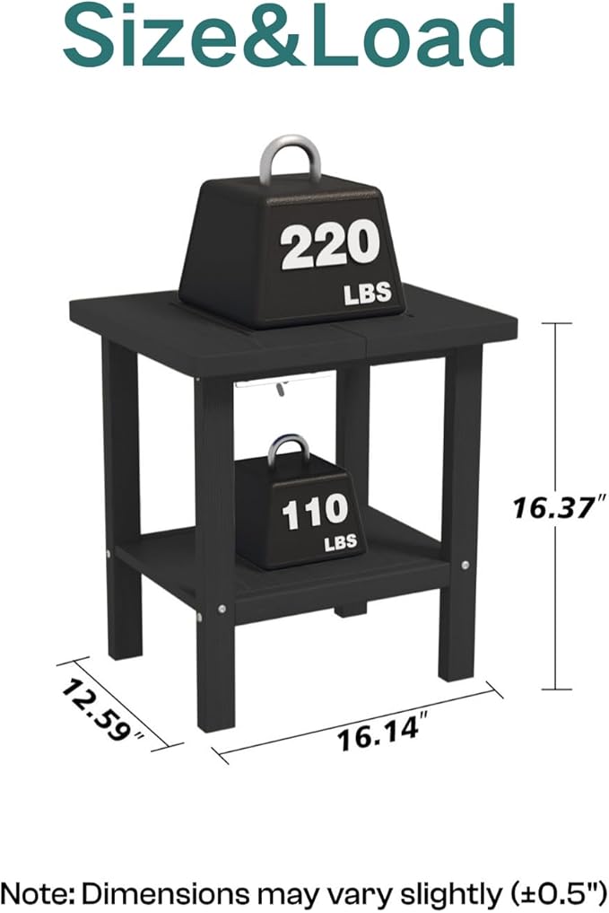 Kingdura Adirondack Outdoor Side Table, 16 x 13 Inches HDPE Plastic Outside End Tables for Patio Pool Porch Backyard Indoor, 2 Tiers Storage Shelf, All Weather Resistant, Easy Maintenance