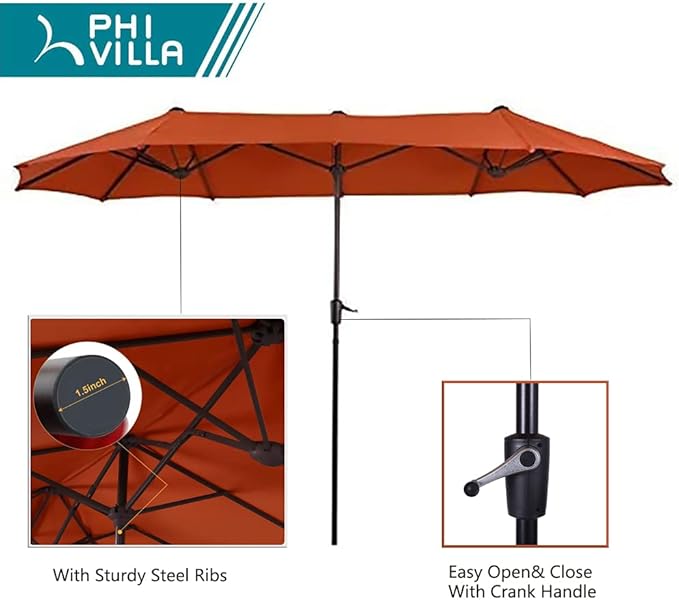 PHI VILLA Patio Dining Set 8 PCS with 13ft Double-Sided Patio Umbrella(Orange Red)，Metal Outdoor Dining Set - 6 x Outdoor Stackable Chairs, 1 x 60"x38"Rectangle Dining Table and 1 Umbrella