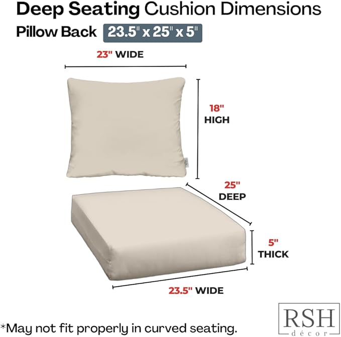RSH DECOR Deep Seating Cushion with Pillow Back | 23.5” x 25” Seat | Water and Fade-Resistant Spun Fabric | Outdoor Chair Cushion Set for Patio Furniture | Beachcrest Caviar