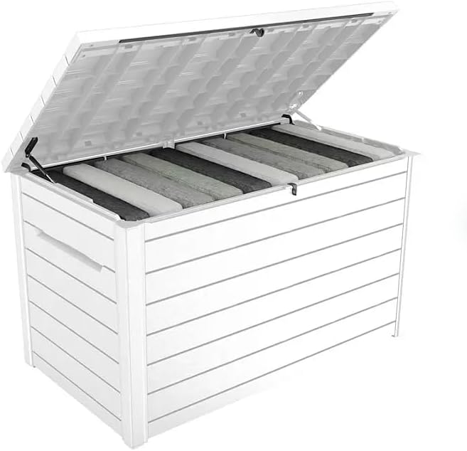 Stylish Indoor/Outdoor Storage Deck Box,Resin,Large Capacity, Weather-Resistant, Lockable lid and Side handles. (White, 230 Gallon)