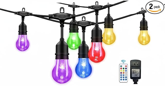 96FT Outdoor String Lights, 30 Shatterproof Edison Bulbs, Dimmable Color Changing RGB LED Patio Lights with 2 Remote Controllers. Perfect for Backyard Decorative Lighting