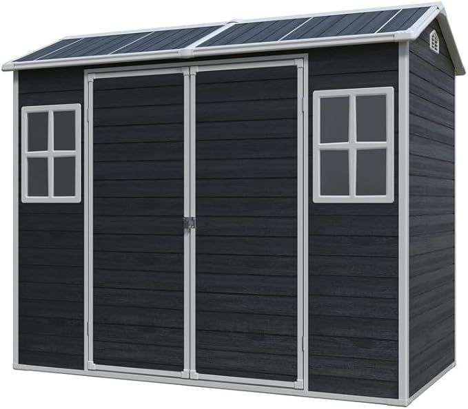 8x4 FT Resin Outdoor Storage Shed with Floor and 2 Windows, Outside Plastic Sheds Storage Clearance w/Lockable Door, Backyard Garden Tool House for Patio, Yard, Lawn, Bike, Black
