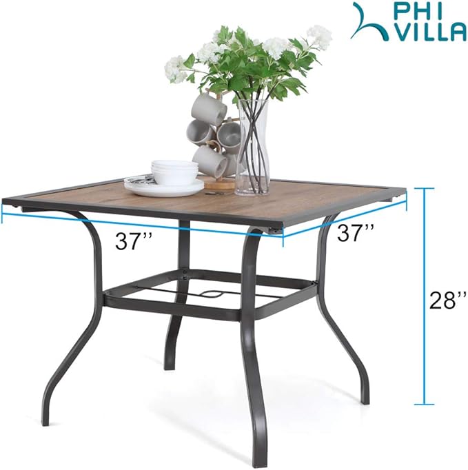 PHI VILLA Patio Dining Table 37“ x 37" Outdoor Dining Furniture Umbrella Table with 1.57" Umbrella Hole, Steel Frame with Premium PVC Table Top for Lawn Garden