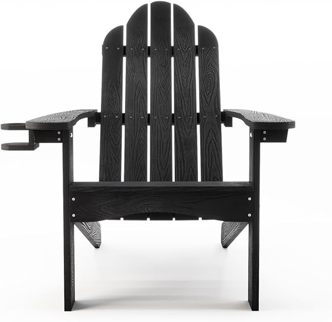 LUE BONA HDPS Adirondack Chairs Set of 2, Fire Pit Outdoor Chair Weather Resistant with Cup Holder, Modern Plastic Chair Plastic for Patio, Deck, Proch, 350LBS, Black
