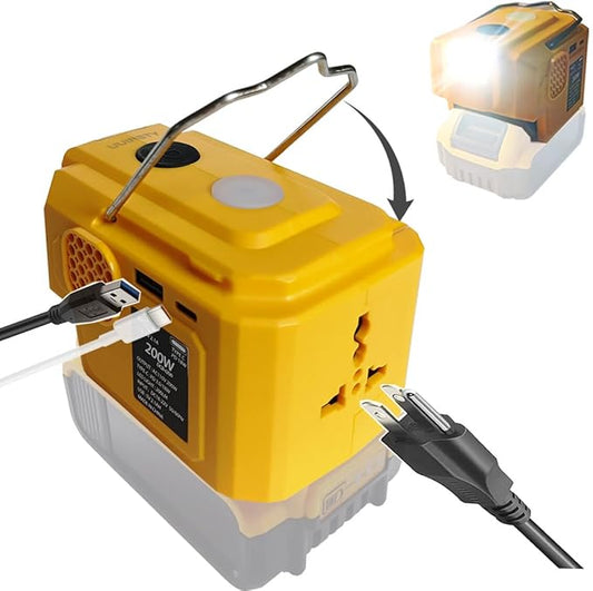 200W Power Inverter for Dewalt 20V DC 20V to AC 110-120V Battery Inverter, Battery Powered Outlet with 1 USB Ports & 1 Type-C & 1 AC Outlet,LED Portable Power Station Charger Adapt
